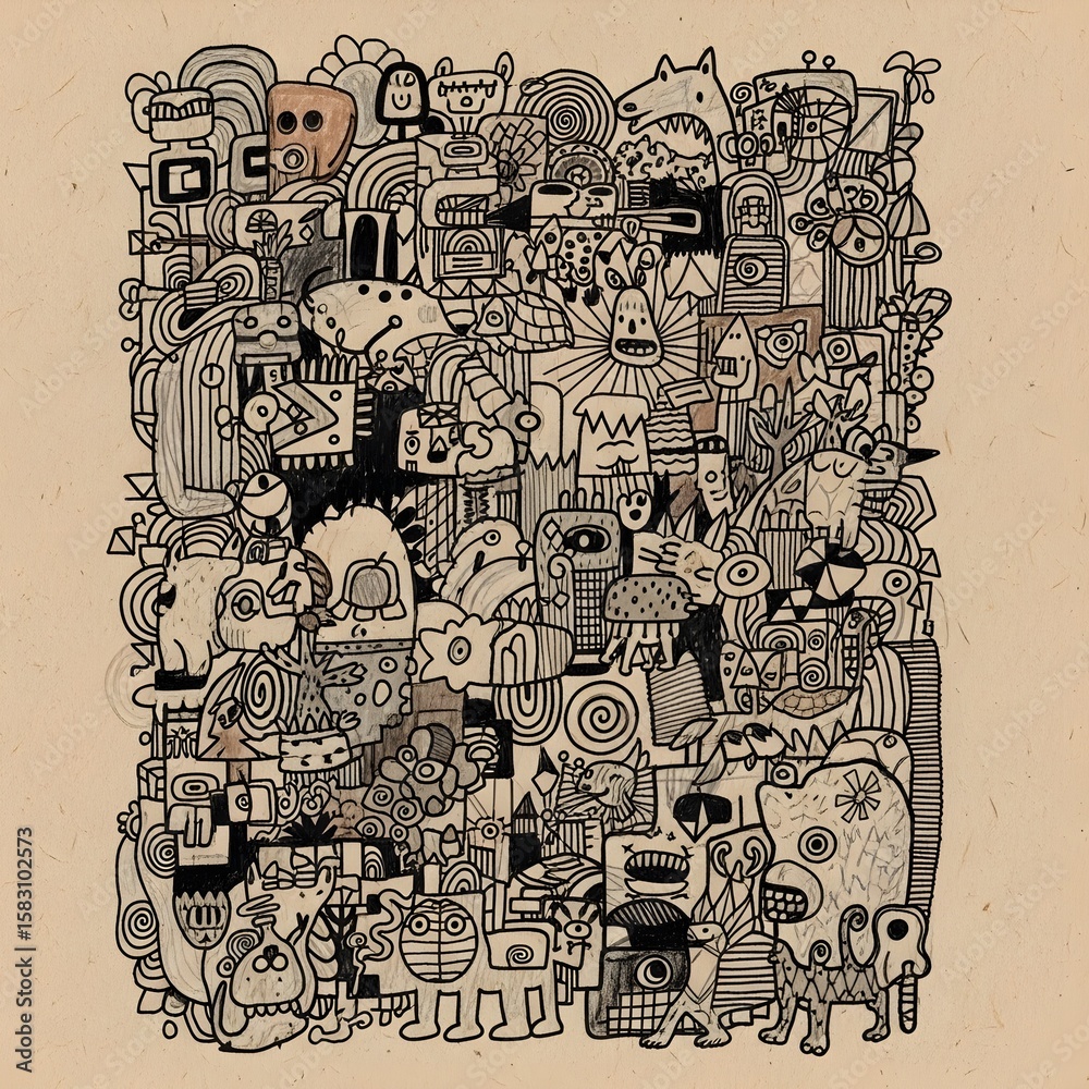 Obraz premium A whimsical, densely packed doodle illustration featuring various quirky characters and abstract shapes.