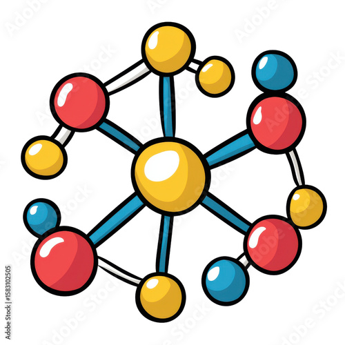 Molecule model or structure of the substance concept. Colorful molecule structure with red, yellow, and blue atoms connected by white rods