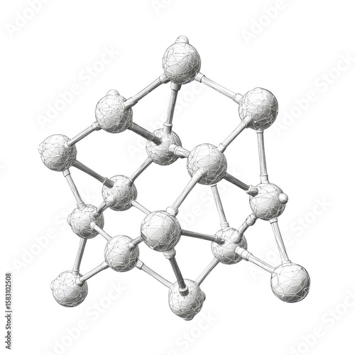 Molecule model or structure of the substance concept. Silicon crystal lattice structure with white atomic spheres and connecting bonds transparency