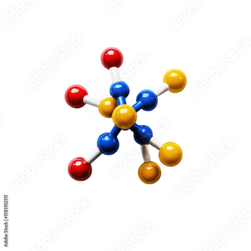 Molecule model or structure of the substance concept. Colorful molecular model with red, yellow, and blue atoms connected by white bonds
