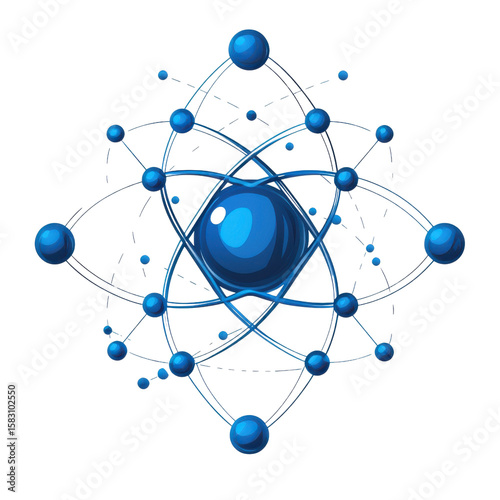 Molecule model or structure of the substance concept. Atomic structure with blue electrons orbiting nucleus in scientific 3D illustration