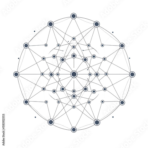 Molecule model or structure of the substance concept. Geometric sacred pattern with interconnected circles, lines, and symmetrical structure