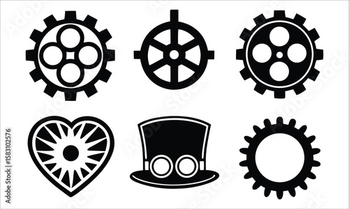 Gears heart top hat steampunk icons cogwheel mechanical