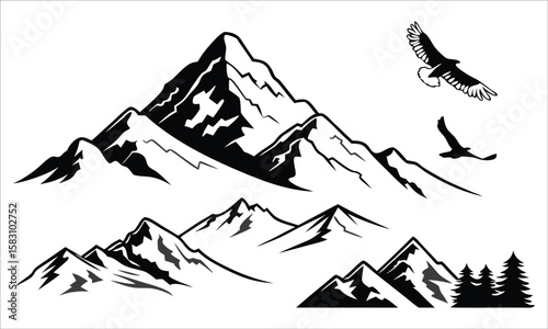 Majestic mountains with soaring eagles birds flying