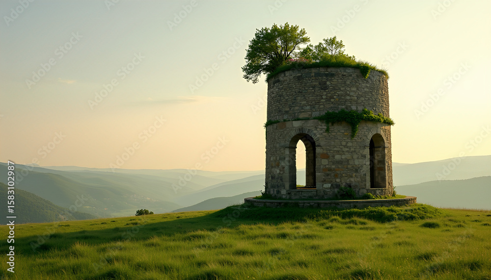 Abandoned Stone Tower at Sunset in Overgrown Countryside Abandoned Stone Tower at Sunset in Overgrown Countryside