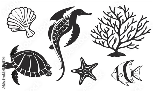 Sea life collection turtle seahorse