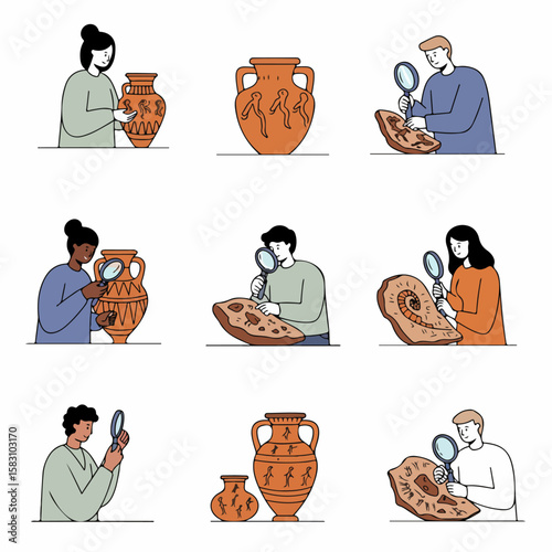 Illustration of diverse people examining ancient artifacts and fossils with magnifying glasses, representing archaeology, paleontology, history, and scientific research.