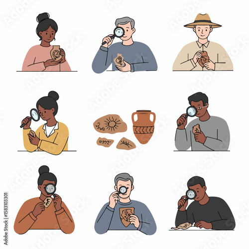 People examining ancient artifacts with magnifying glasses, representing archaeology, history, and historical research.