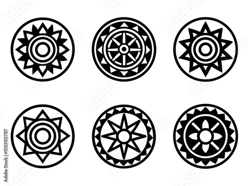 Collection of six circular geometric tribal sun and wheel designs