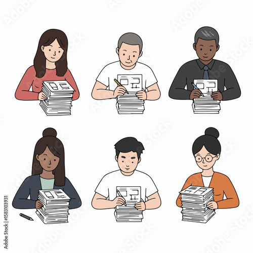 Diverse Group of People Processing Large Stacks of Paperwork Illustration