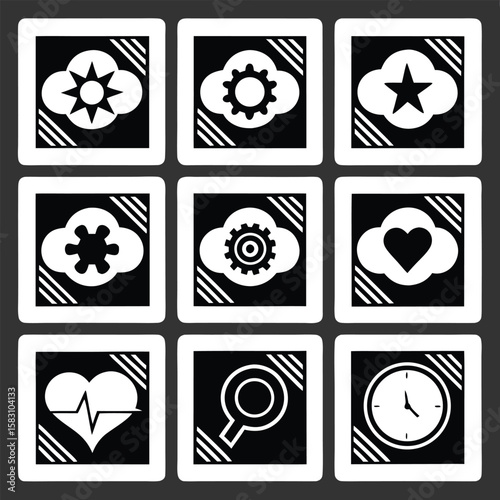 Nine Black and White Icons Set in Square Frames with Cloud and Symbolic Designs Rhythmic Repeats