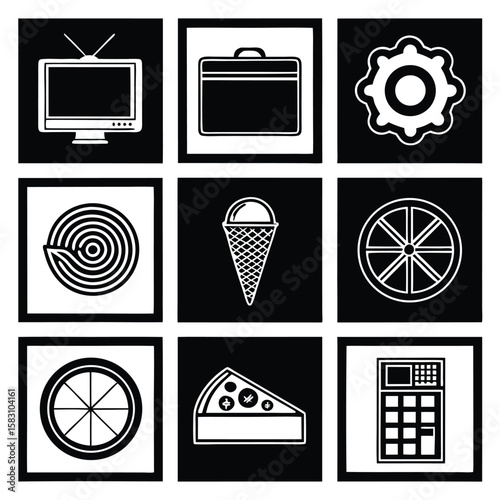 Nine Black and White Icons Set Retro Television Briefcase Gear Spiral Ice Cream Wheel Pizza