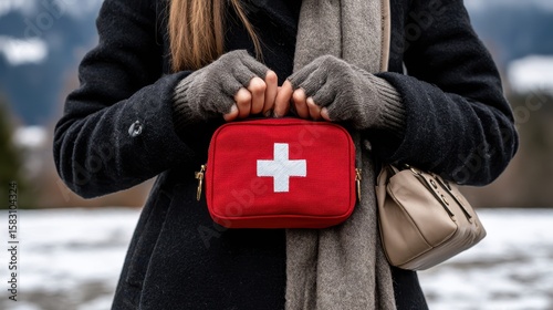 A well-prepared individual holds a red first aid kit with a white cross, showcasing the importance of safety during outdoor activities in cold, snowy environments.