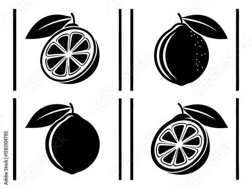 Stylized black and white citrus fruit icons with leaves