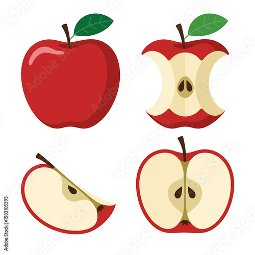 Four illustrations of a red apple showing whole bitten cut in half and slice