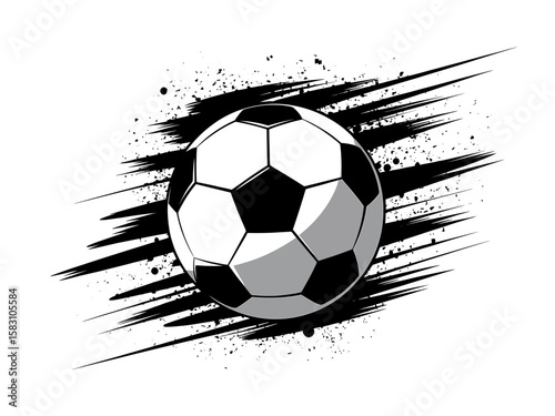 Dynamic soccer ball with energetic black splatter and brush strokes