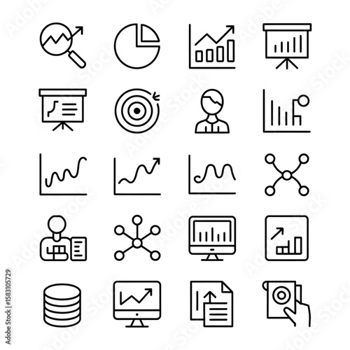 Collection of modern flat icons representing data analysis and business growth concepts