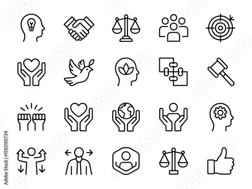 Collection of line icons representing values ethics principles and human connection