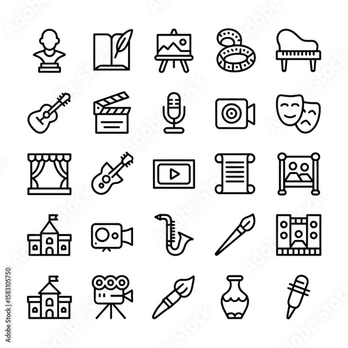 Collection of artistic and creative icons representing various forms of art and entertainment