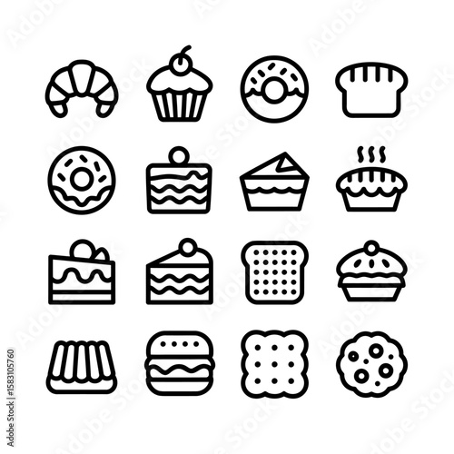 Collection of sweet pastry and bakery icons in a clean outline style