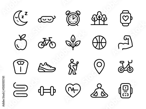 Collection of modern line icons representing healthy lifestyle and fitness activities