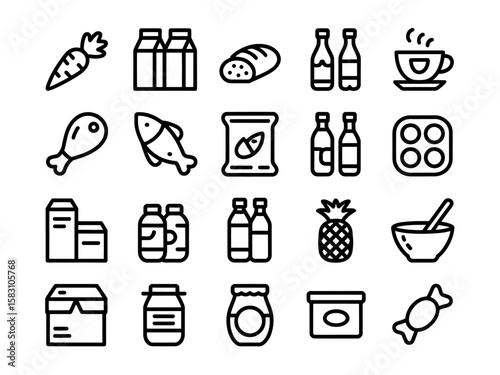 Collection of simple line art icons representing various food and grocery items