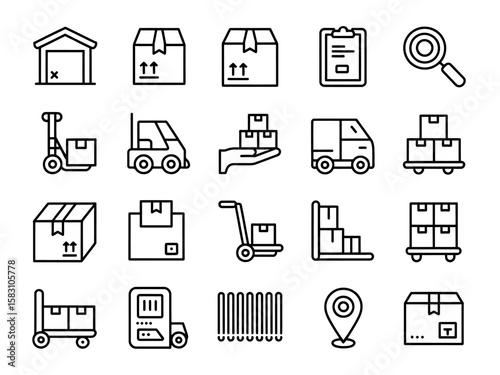 Collection of logistics and delivery service icons representing warehousing and shipping process