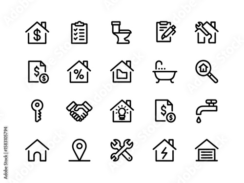 Collection of real estate icons representing home buying selling and services