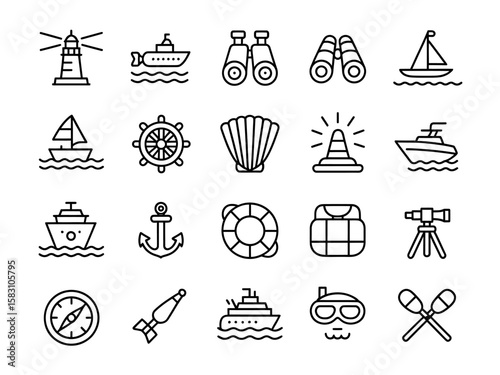 Nautical icons set featuring ships lighthouse compass binoculars anchor and more