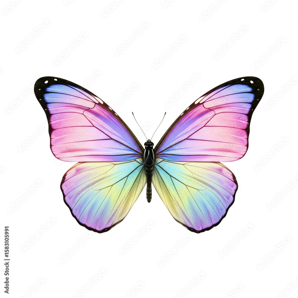 Obraz premium A beautiful butterfly with iridescent wings in shades of pink purple blue and yellow