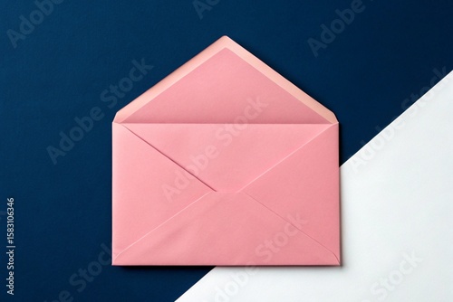 Aesthetic pink envelope against contrasting blue and white background showcasing modern minimalist design
