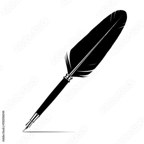 Vector art of a black quill pen is suspended, poised to write on white background