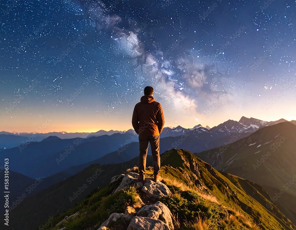 Fototapeta premium Man standing on mountain peak at night, gazing at Milky Way