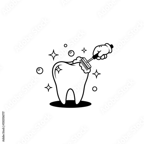 Vector art of a cartoon tooth being brushed isolated on white background