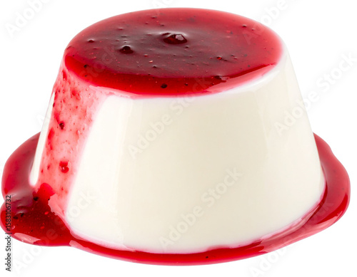 Delicious panna cotta dessert with red berry sauce, isolated on transparent background, high detail, close up