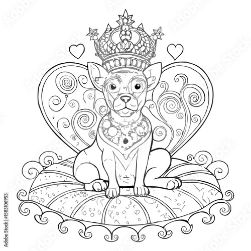 Majestic Chihuahua: A Royal Portrait of Canine Elegance and Charm Sitting on a Heart Shaped Pillow Wearing a Crown