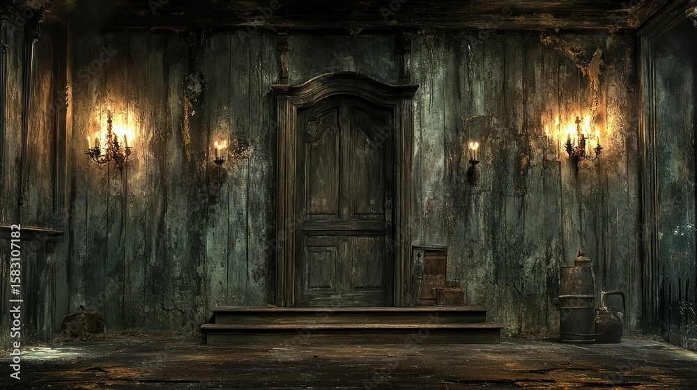 Fototapeta premium Haunted, antique hallway with dark wooden door