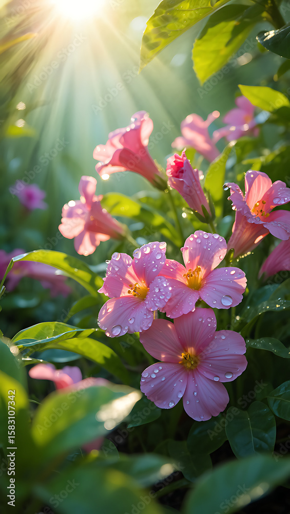 Fototapeta premium Pink flowers glisten with water droplets in the morning sunlight