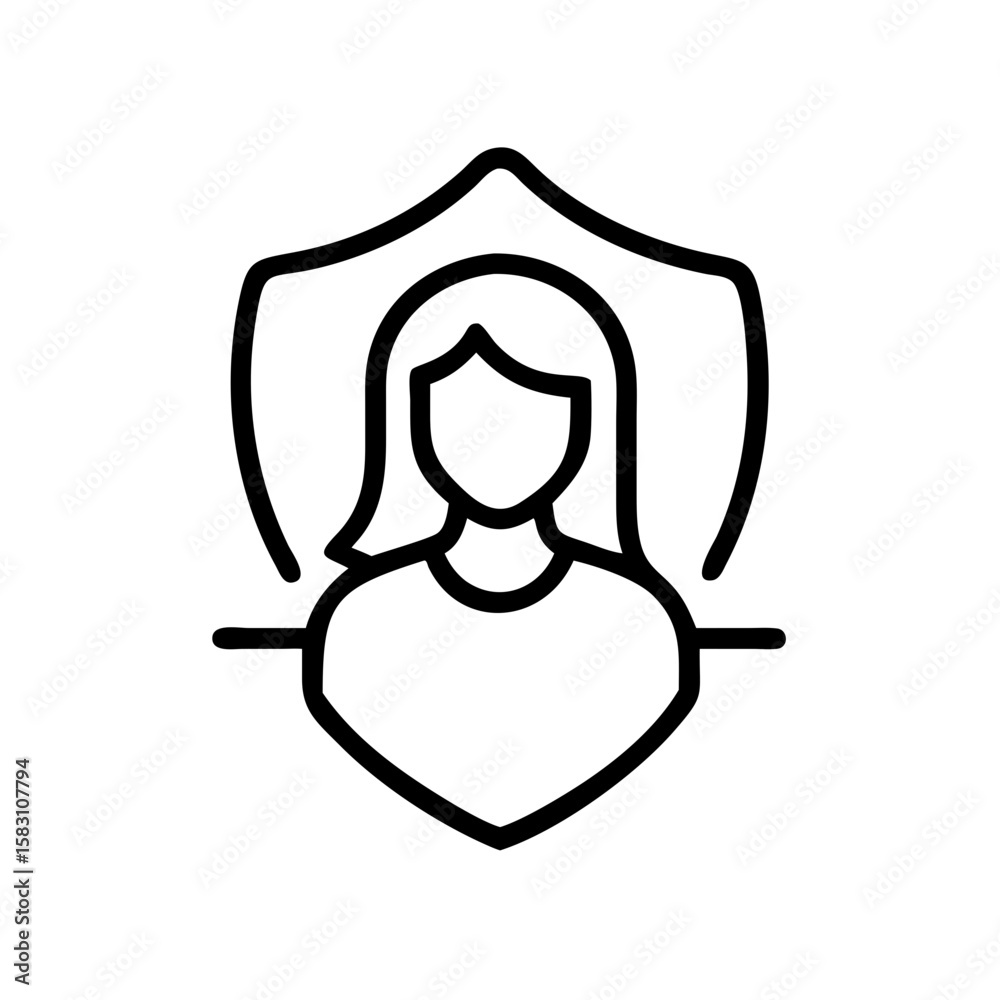 Woman protection icon with shield outline Woman protection icon with shield outline