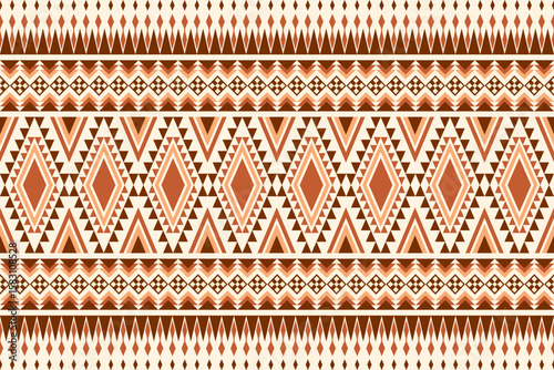 Seamless ethnic geometric pattern featuring brown and orange diamond and triangle shapes on a light background Repeating