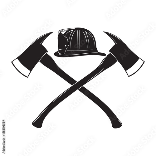 Firefighter helmet and crossed axes emblem representing bravery and heroic protection