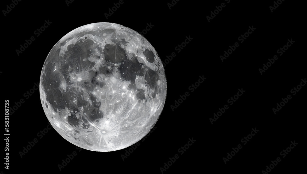 Fototapeta premium Luna llena satélite terrestre sobre un cielo negro de noche en el dia internacional de la luna