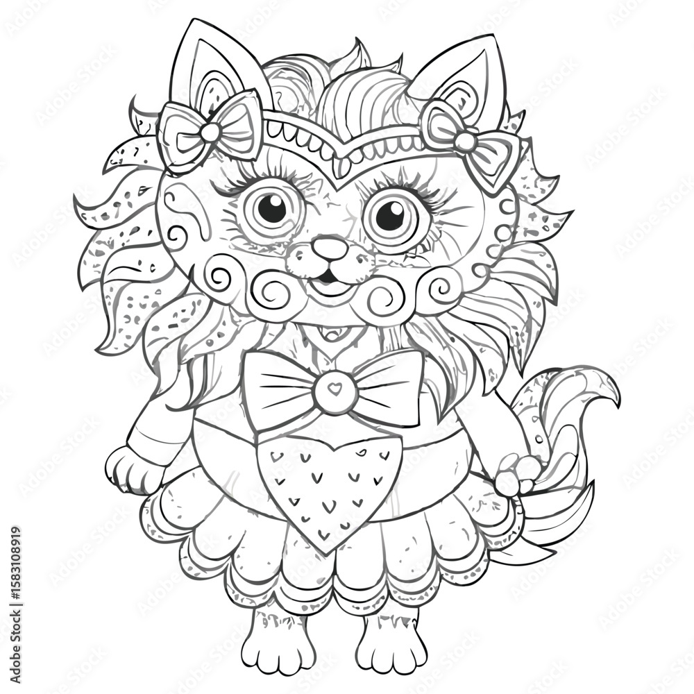 Fototapeta premium Whimsical Cat Character Illustration with Bows and Decorative Elements for Coloring Books and Creative Projects with an artistic flair