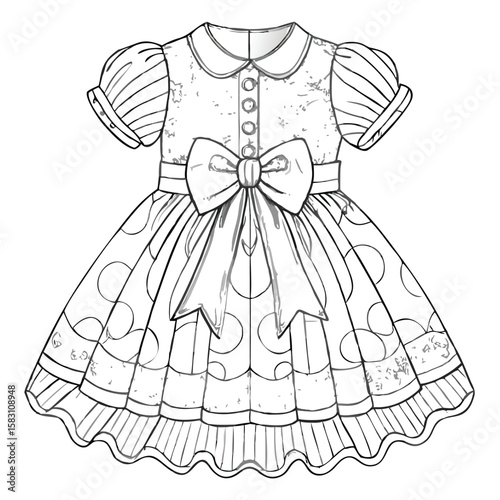 Whimsical Dress Design Featuring Polka Dots Bow and Ruffled Hemline An Adorable and Playful Fashion Illustration for Children