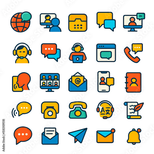 Collection of colorful, flat design icons representing various communication methods and online interactions.