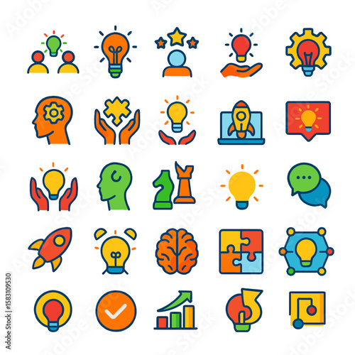 Colorful icons depicting innovation, ideas, teamwork, and strategic thinking.