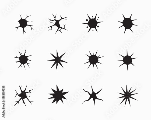 Explosion, crack, and bullet hole silhouettes in vector style. Damaged glass, shattered impact, and burst effects ideal for comic books, gaming, digital art, and action theme graphic design projects