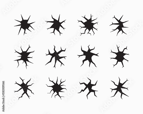 Explosion, crack, and bullet hole silhouettes in vector style. Damaged glass, shattered impact, and burst effects ideal for comic books, gaming, digital art, and action theme graphic design projects