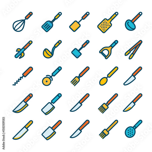 Colorful collection of kitchen utensil icons;  various cooking tools illustrated.