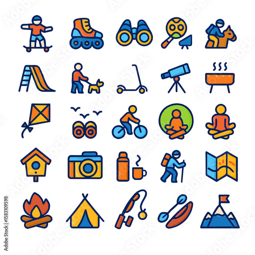 Colorful vector icons depicting various outdoor activities, hobbies, and recreational pursuits.